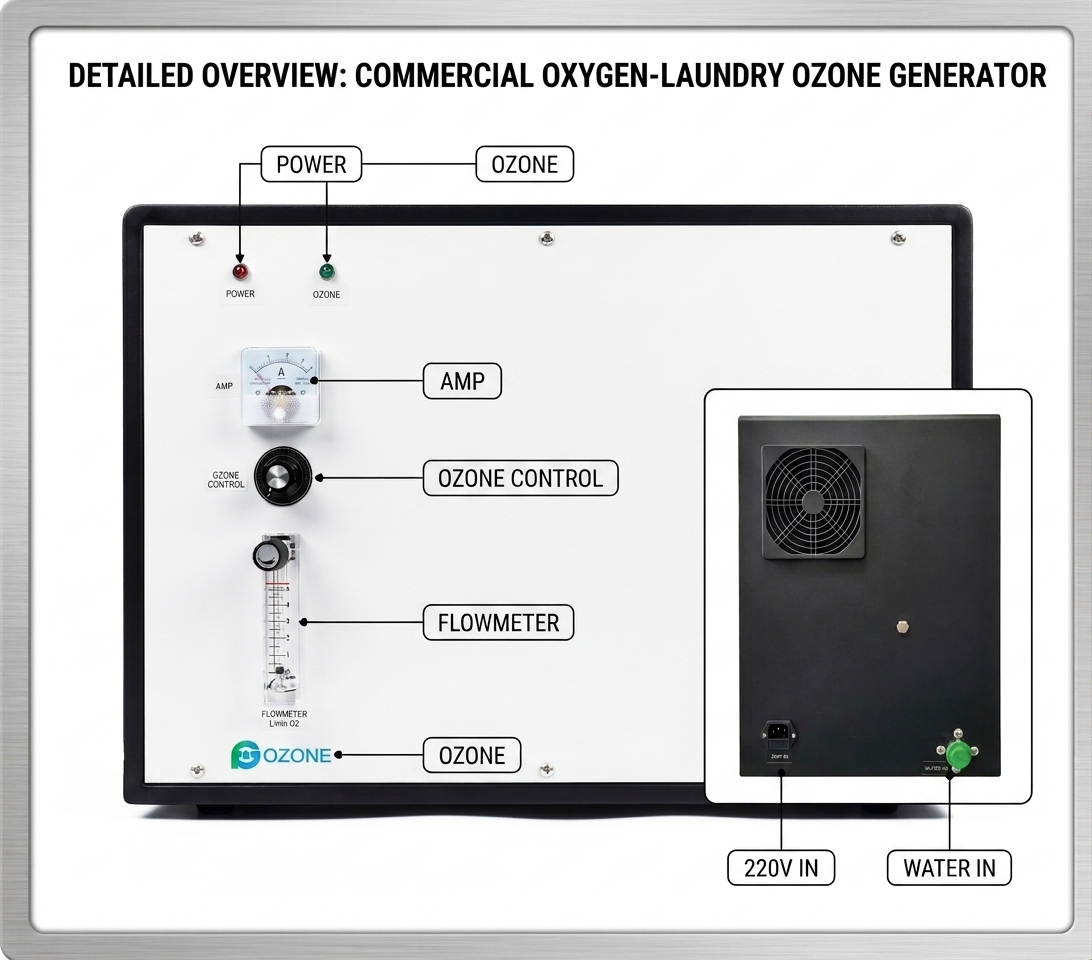 Panel de control del sistema de lavander&iacute;a con ozono con caudal&iacute;metro, perilla de ozono ajustable e indicadores de estado.jpg